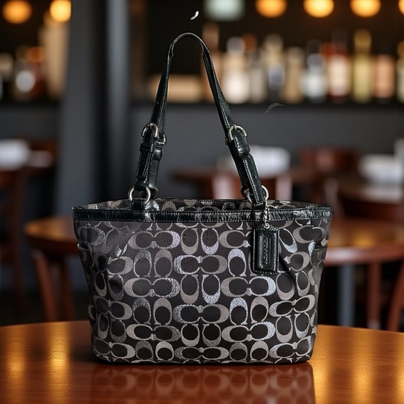 Coach Signature Black Jacquard Tote with Patent Leather Trim – Shoulder Bag - Picture 1 of 7